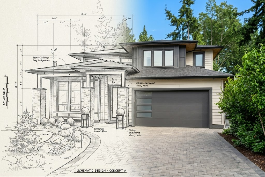 Full home rebuild — architectural schematic transitioning to completed modern exterior